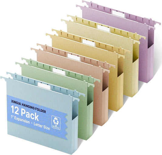 Wheat Straw Plastic Hanging File Folder Letter Size, 12 Pack Extra Capacity Hang Folders with Tabs for Filing Cabinet, Heavy Duty 1" Pastel Expanding Pocket for File Frame Box, File Organizer