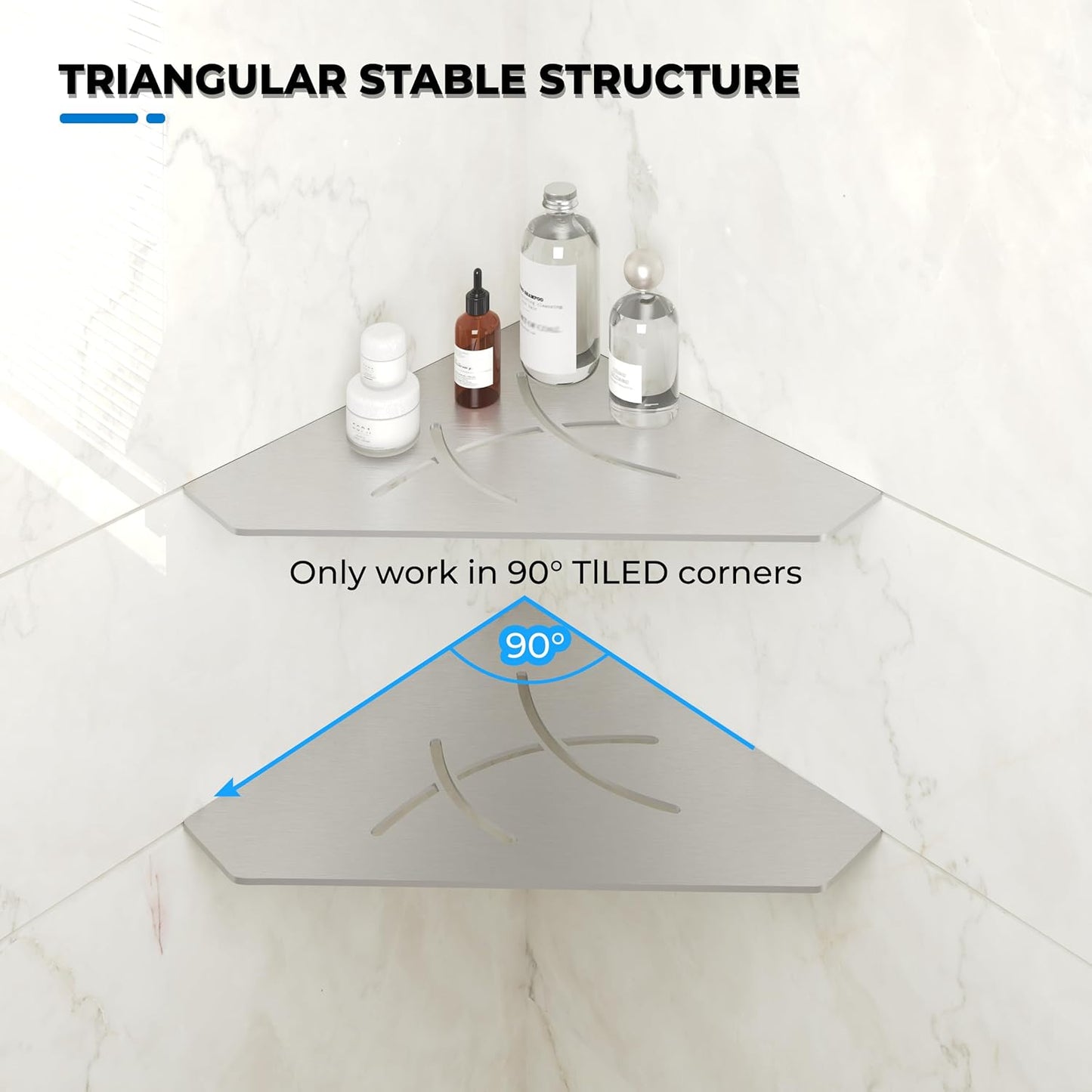 FerdY 2-Pack 10" Brushed Nickel Recessed Corner Shower Shelf, for Tiled Bathroom Walls, Floating Shower Shelf, 304 Stainless Steel Shower Caddy Storage Shelves, No Drilling Required, Irregular Diamond