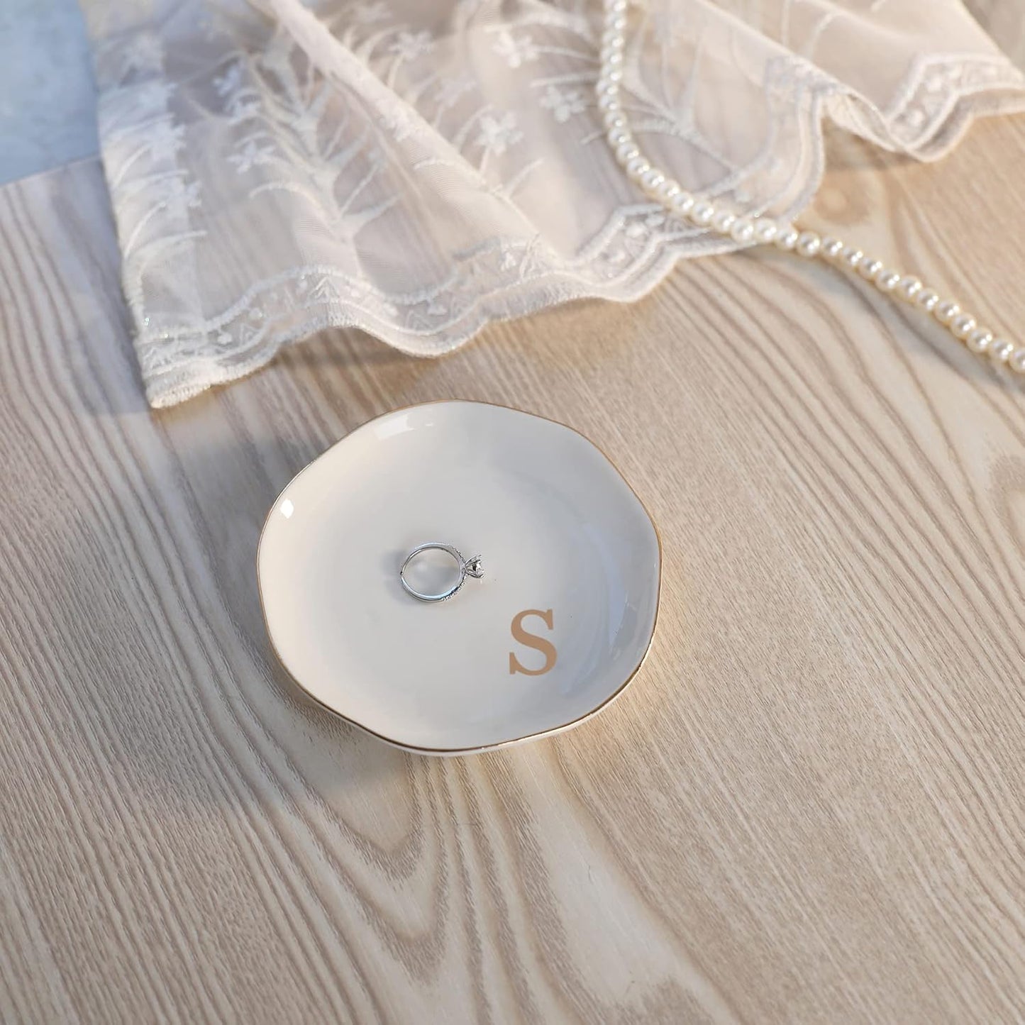 HOME SMILE Initials Ring Dish Jewery Tray with Personalized S-Monogrammed Engagement Wedding Gifts for Friends,Sister,Birthday Christmas Gifts for Women,Ceramic White