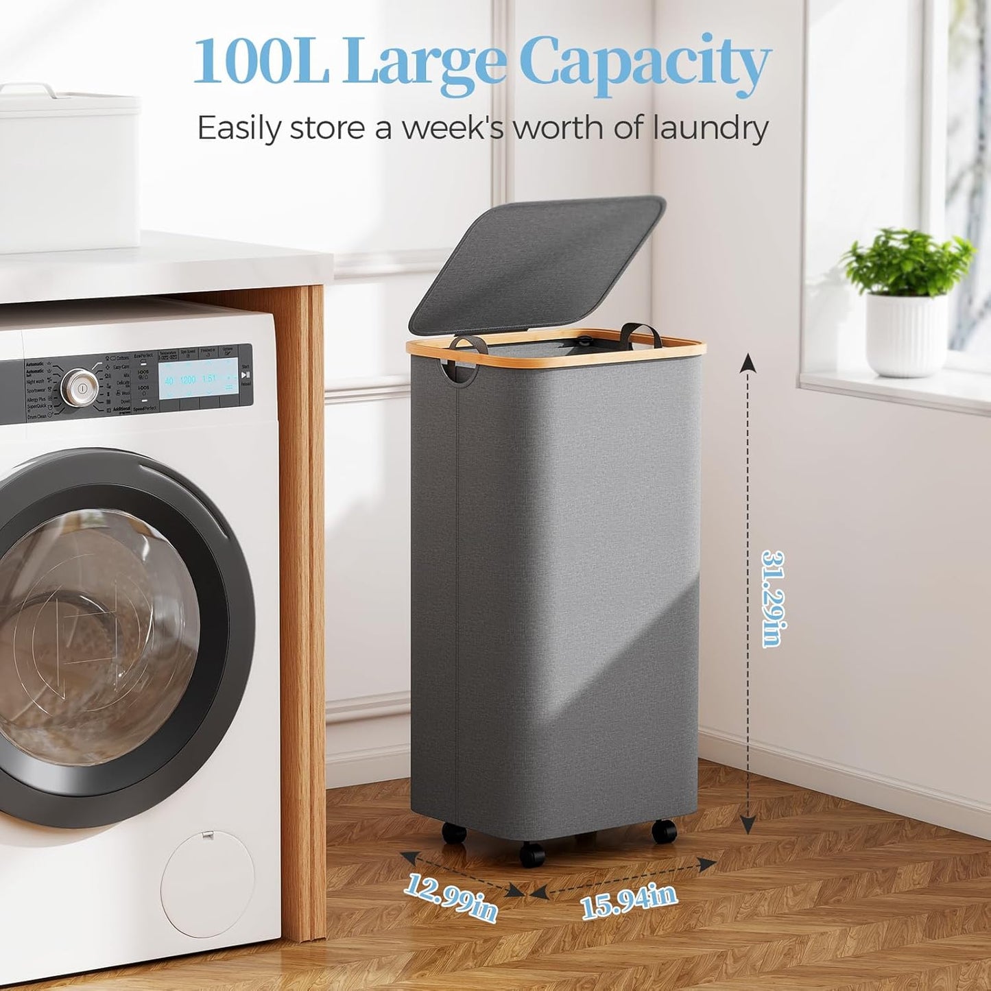 Yecaye 100L Large Capacity Laundry Hamper – Foldable Rolling Laundry Basket, Mobile Clothes Hamper with Wheels, Removable Inner Bag, Bamboo Handle Lid Laundry Bin – Multi-Use Storage,Grey
