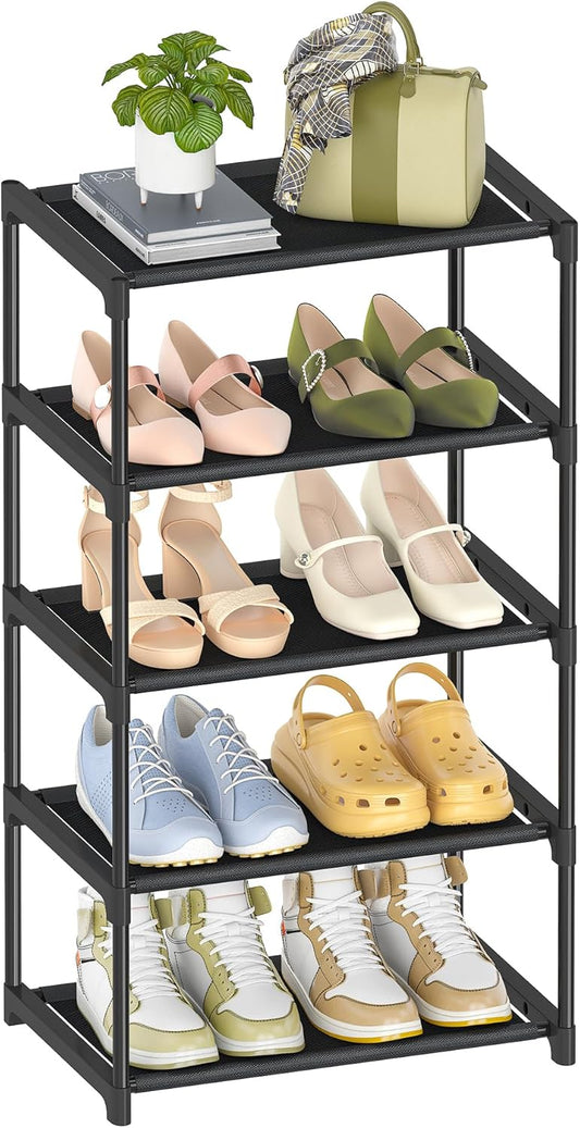 5-Tier Small Shoe Rack, Narrow Space-Saving Organizer for Small Spaces, Non-Woven Fabric Lightweight Shoe Shelves, for Closet Floor, Front Door, Entryway, Kids/Toddler/Adults, Black