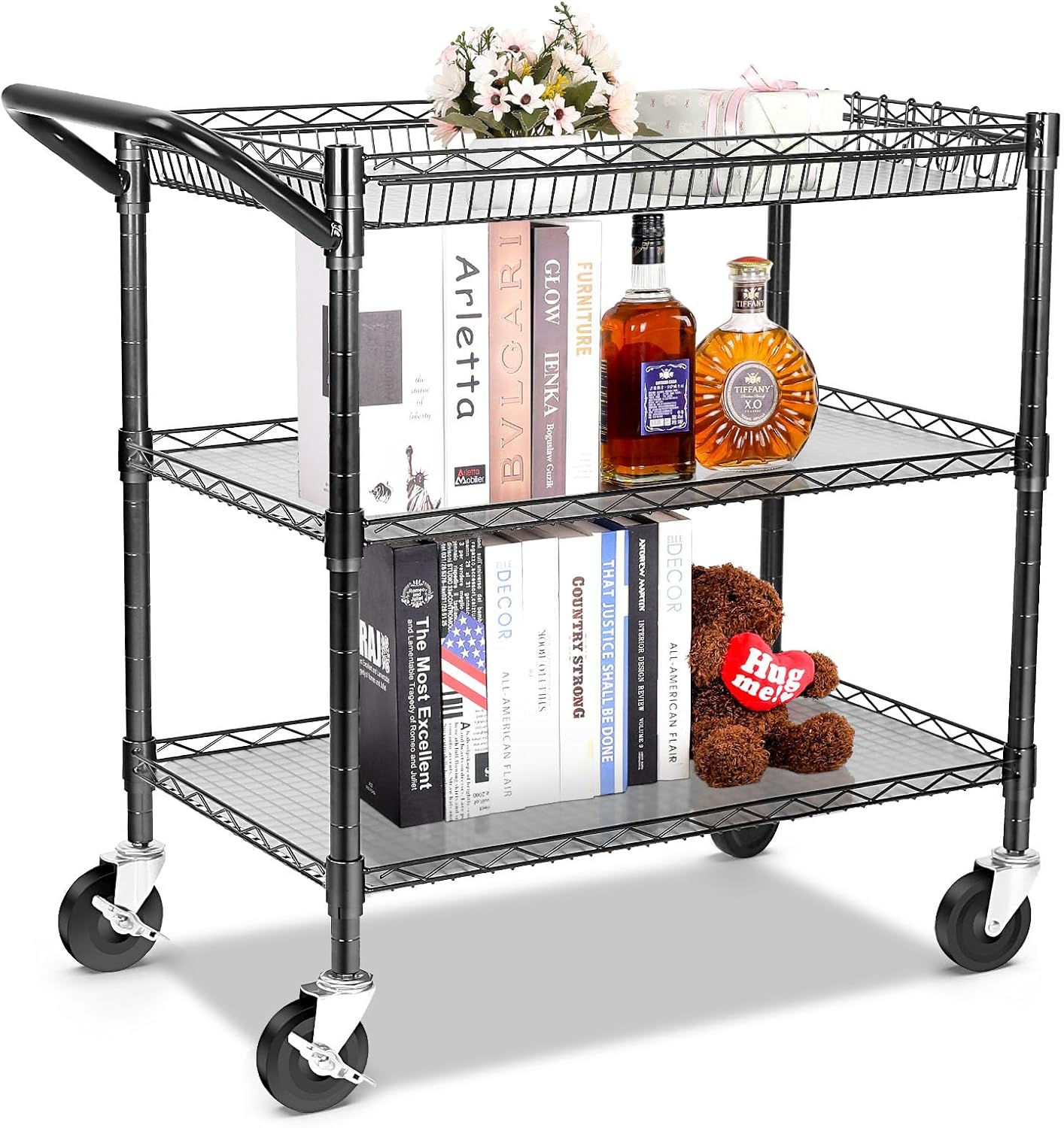 YNN Black Utility Rolling Cart,990Lbs 3 Tier Heavy Duty Metal Cart with Wheels & Handle NSF Wheeled Cart 31" D x 18" W x 33" H for Bedroom, Bathroom, Kitchen,Garden,Decor,Serving
