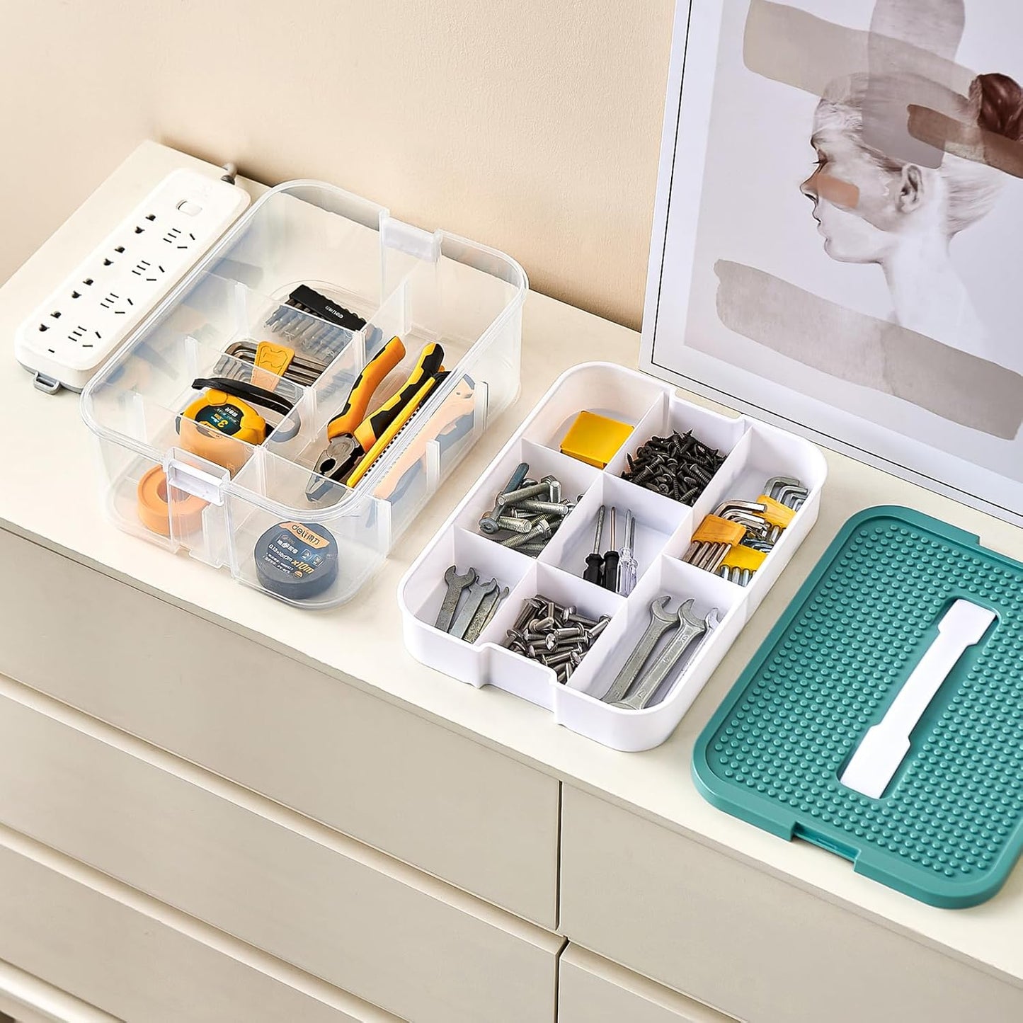 Plastic Stackable Organizer Storage Case with Building Blocks Lids for lego, Storage Containers with Carrying Handle and Adjustable Grid Organizers, 2Layer Orange