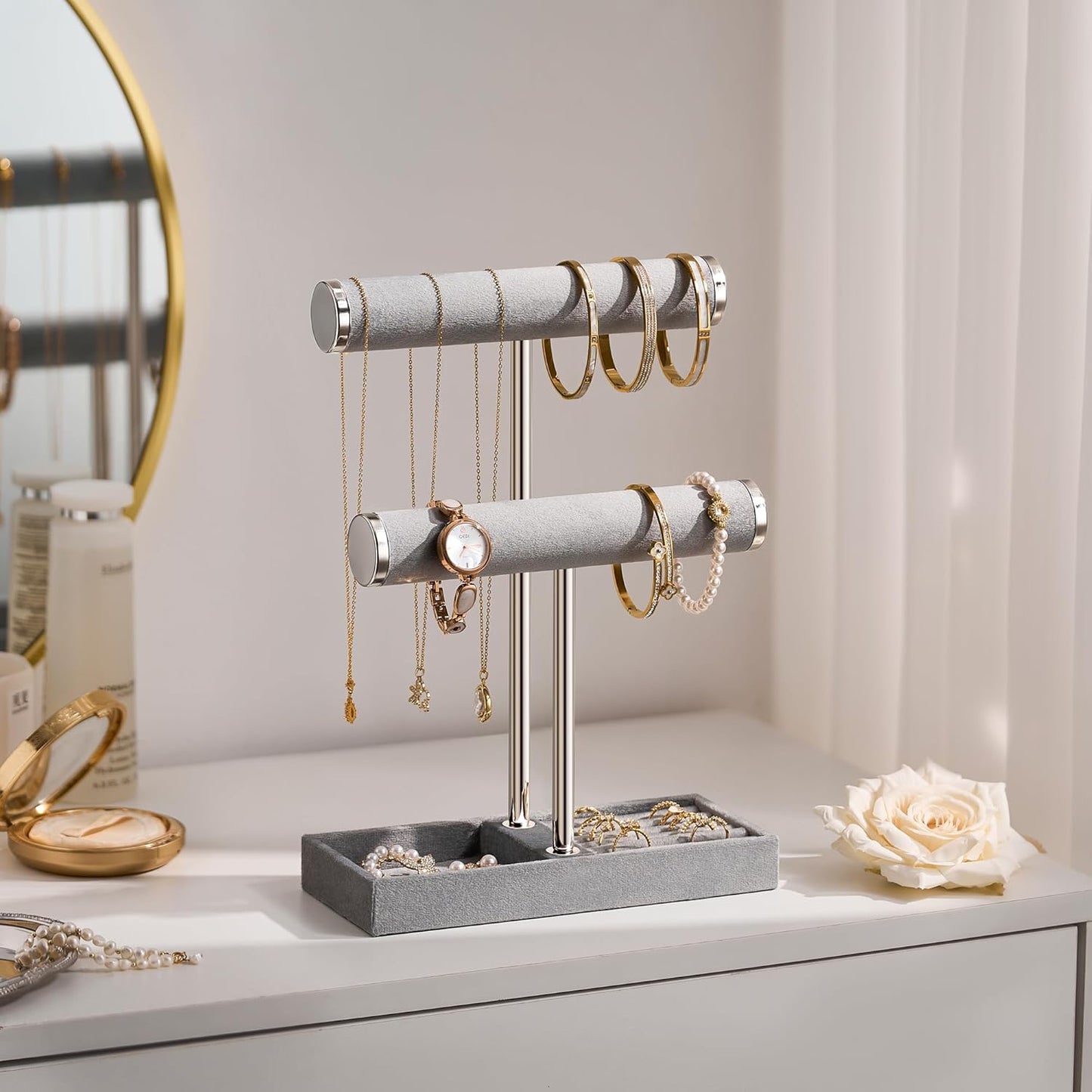2 Tier Bracelet Holder Display - Detachable T Bar Grey Velvet Bracelet Holder, Jewelry Holder Organizer for Bracelet, Necklace, Earrings, Rings