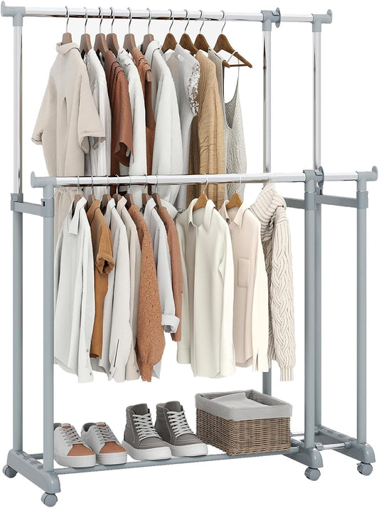 COSTWAY Double Rod Clothing Rack, Heavy-Duty Metal Garment Rack with Extendable Height & Width, Adjustable Rolling Closet Rack for Hanging Clothes with Wheels for Dressing Room, Laundry, Living Room