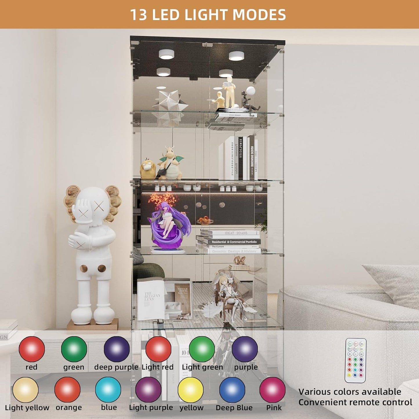 Beauty4U Glass Display Cabinet with LED Lights and Mirror, 5 Shelves with 2 Doors, Curio Cabinets for Living Room, Bedroom, Office, Black Floor Standing Glass Bookshelf, Quick Installation