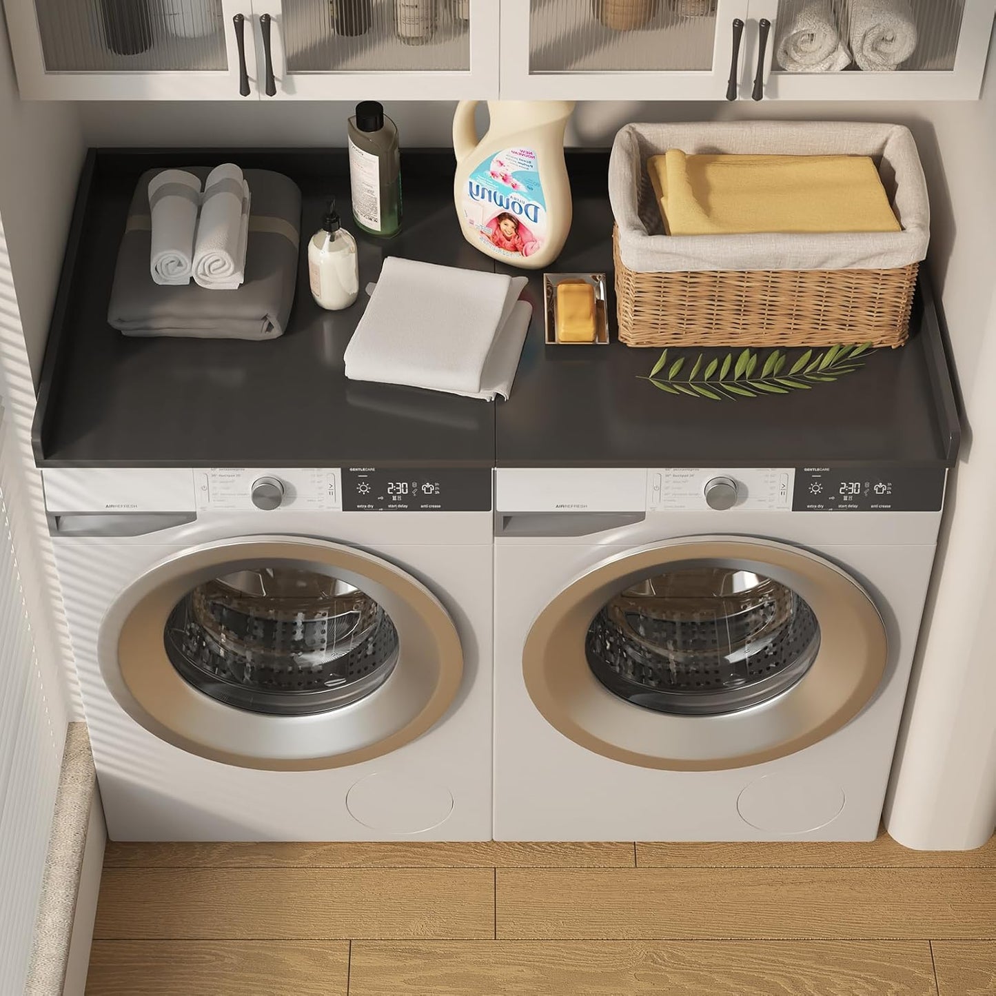 Washer Dryer Countertop, Foldable Laundry Countertop with Edge Rails - 27.5" x 54" Melamine Finish for Laundry Room Organization (Black)