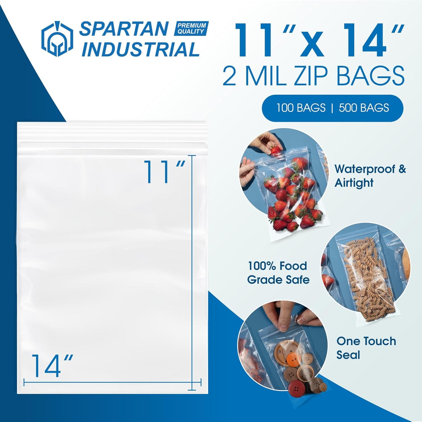 Spartan Industrial - 11” X 14” (500 Count) 2 Mil Clear Reclosable Zip Plastic Poly Bags with Resealable Lock Seal Zipper