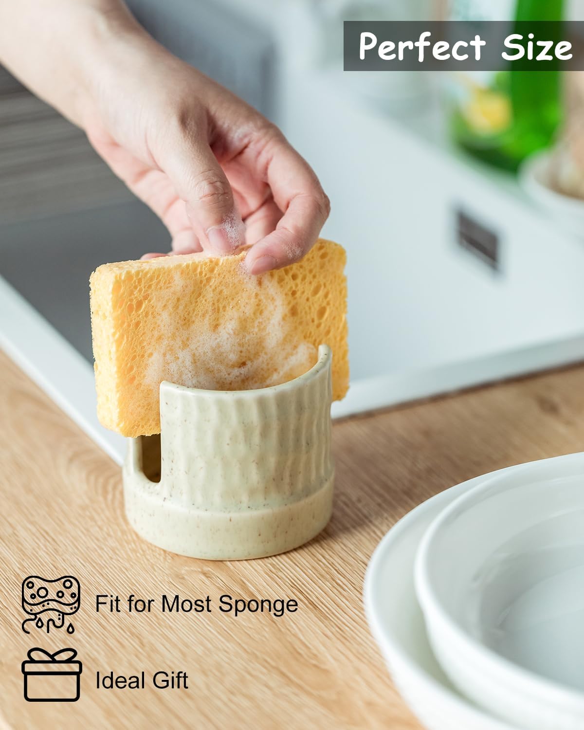 Kitchen Sponge Holder, Ceramics Sponge Dish Rack Sink Scrub Caddy for Scrubbers, Bathroom, Cute Kitchen Gadget Organizer, Yellow