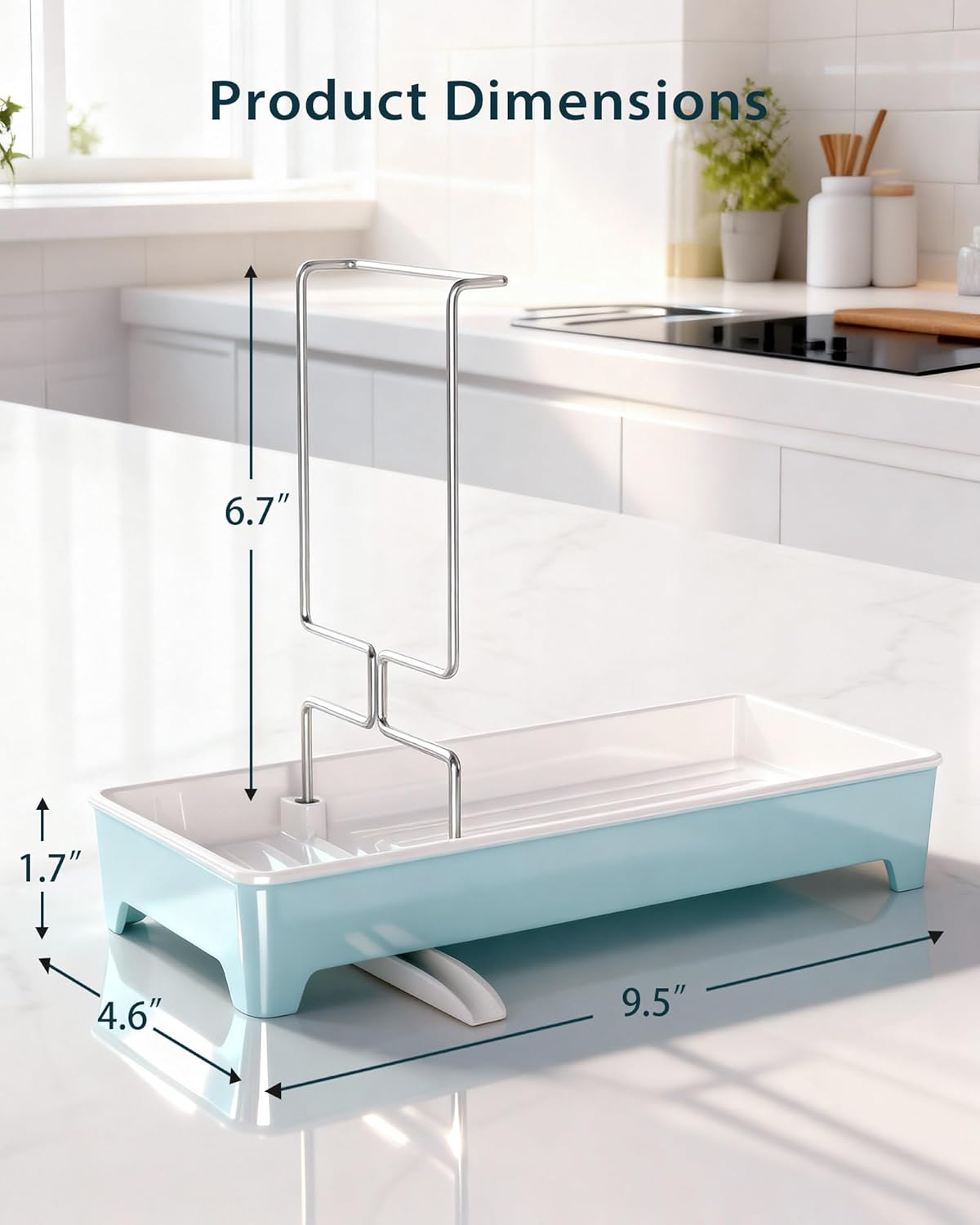 Ceramic-Look Sink Caddy, Rustproof Sponge Holder for Kitchen Sink with 304 Stainless-Steel Brush Holder, Countertop Rack Organizer with Raised Ridges & Silicone Drain Tube (Pastel Blue)