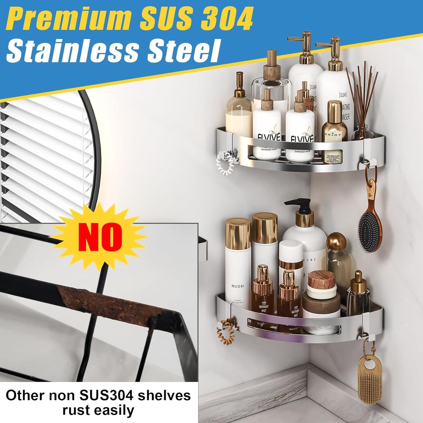VINIUSIKI 3-Pack Polished 304 Stainless Steel Shower Caddy - Corner Shelves with Soap Holder & 4 Hooks, Adhesive Wall Mounted Organizer for Bathroom, Kitchen, Home Decor