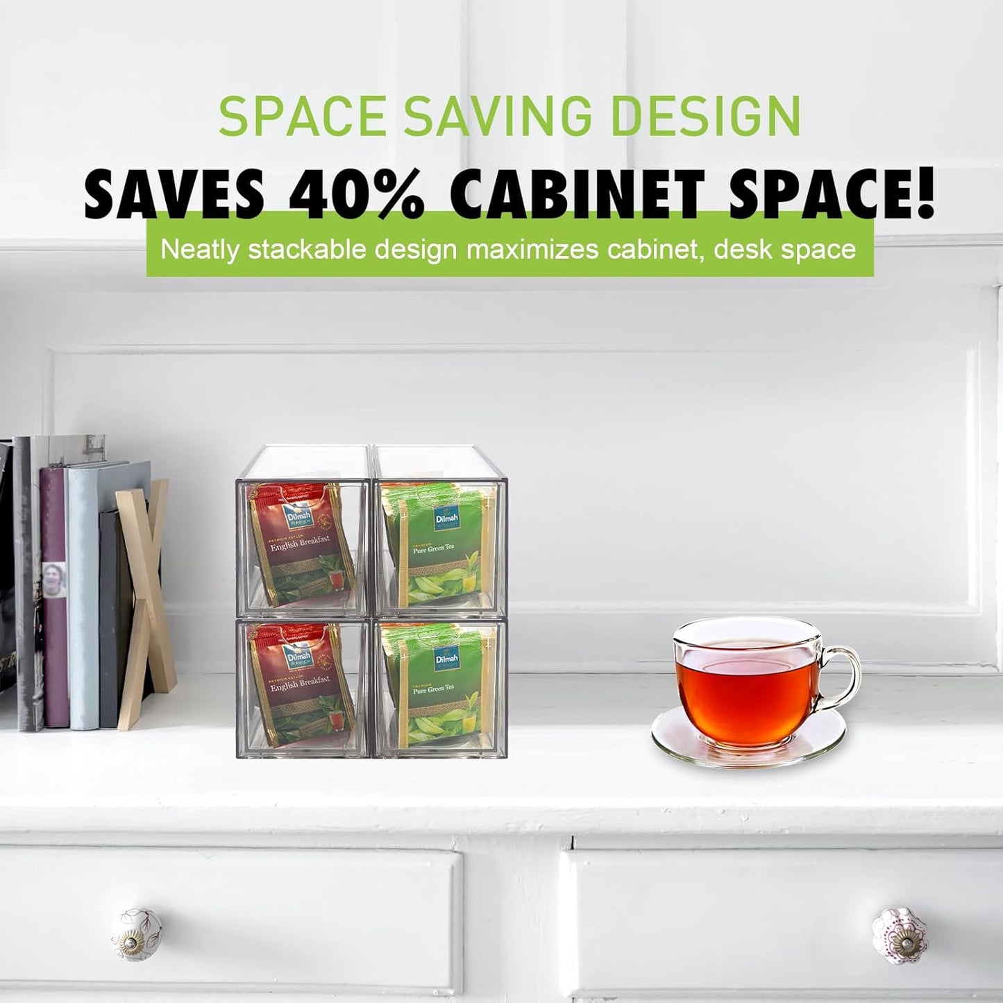 Ettrick 6 Pack Stackable Tea Bag Organizer, Clear Acrylic Tea Bag Drawer for Drawer, Pantry, Kitchen, Cabinet, Countertop