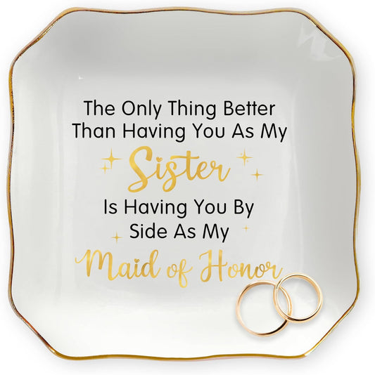 OASSIE Christmas Maid of Honor Gifts for Women - 4"x4" Ceramic Jewelry Dish Tray - Christmas Wedding Bridesmaid Gifts for Sister, Ring Holder for Women, Jewelry Tray for Maid of Honor Proposal