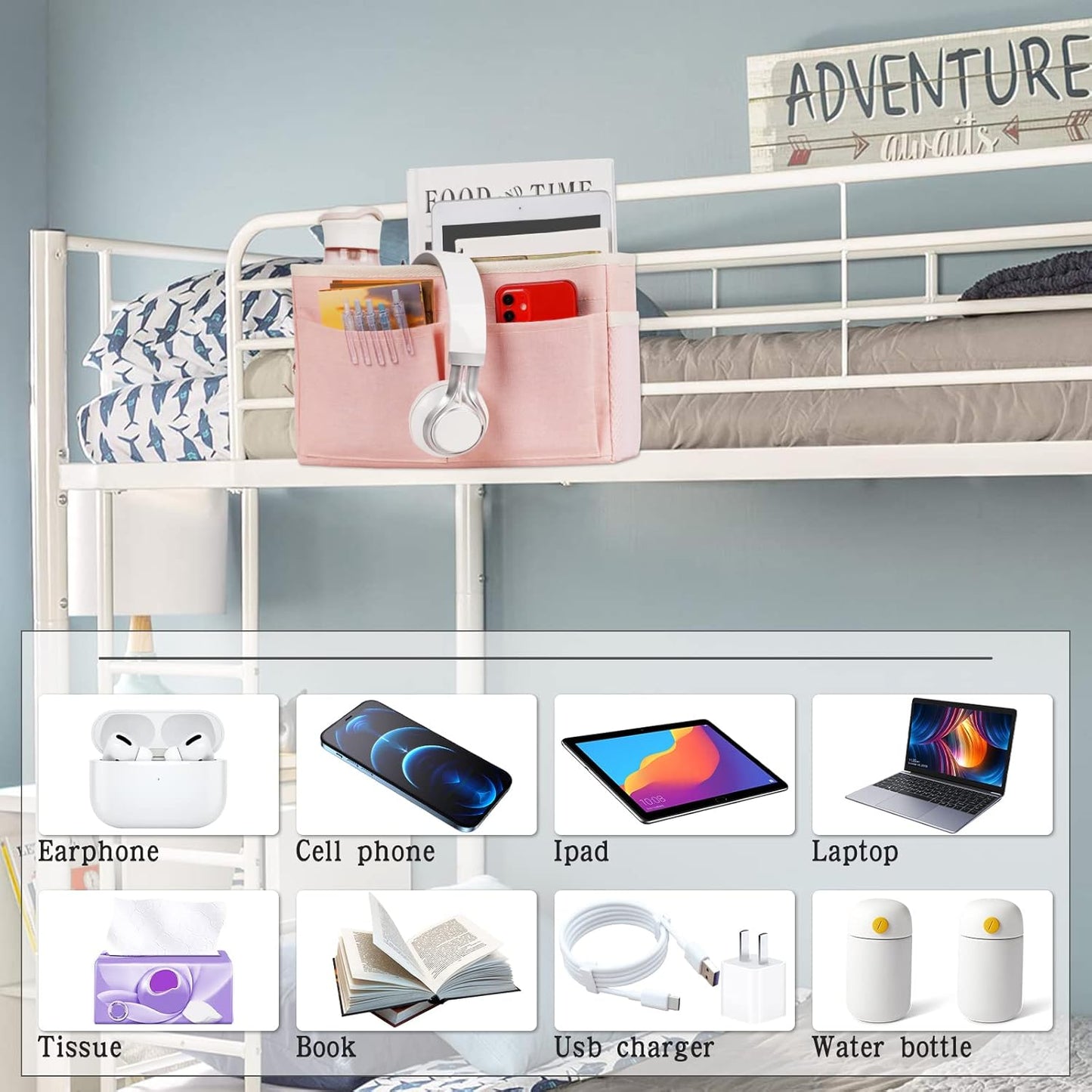 Bedside Caddy Bedside Storage Organizer Hanging Bunk Bed Dorm Room with Side Pockets for Water Bottles, Books, Cell Phones, Headphones (Pink)