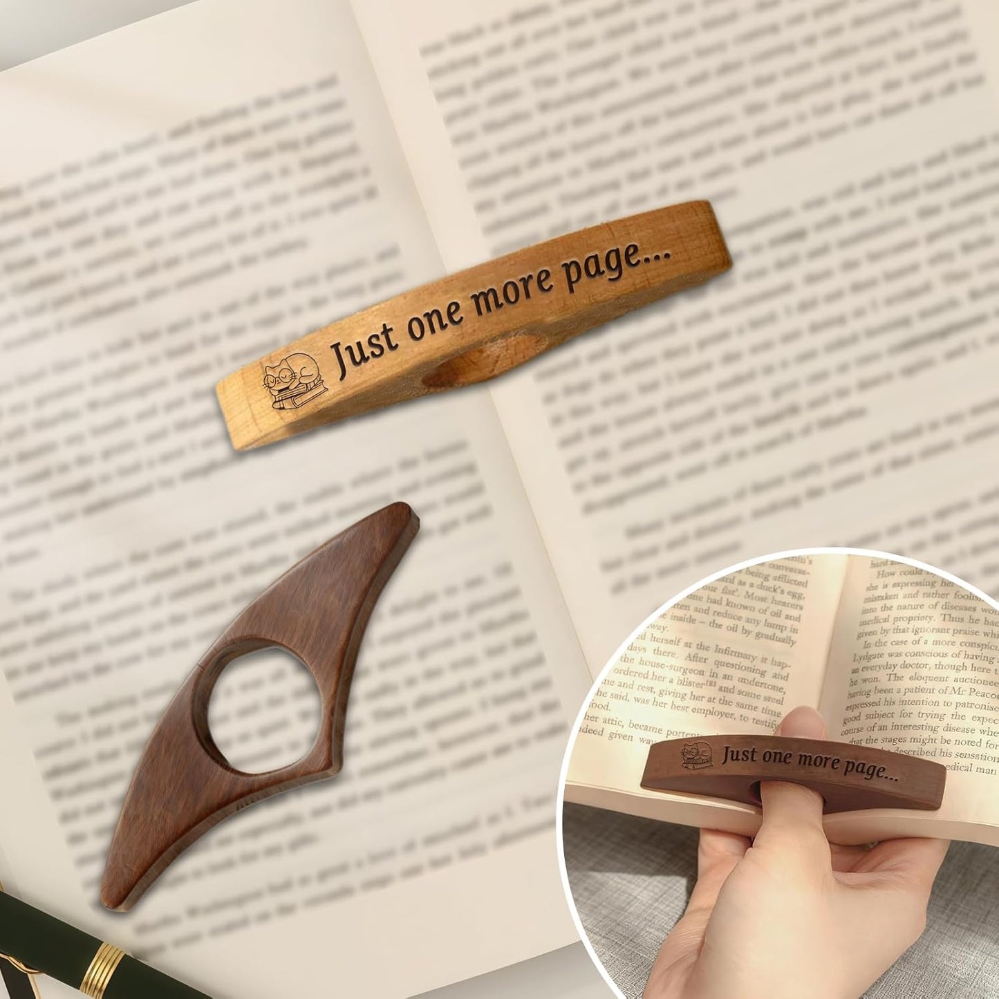 Wooden Book Page Holders for Reading - Thumb Page Holder & Book Opener Holder | Just One More Page Ergonomic Hands-Free Helper - Perfect Gift for Book Lovers & Readers(Walnut Wood 3)