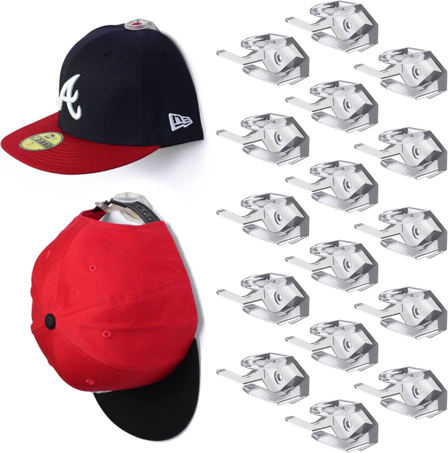 Modern JP Adhesive Hat Hooks for Wall (16-Pack) - Hat Rack for Baseball Caps, Minimalist Hat Display, Strong Hold Hat Hangers for Wall - USA Patented, Clear
