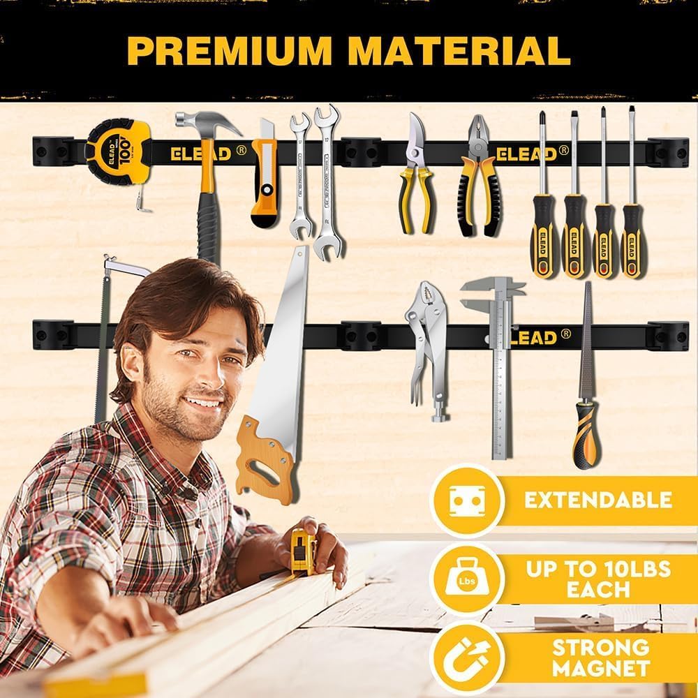 ELEAD 6-Piece 12" Magnetic Tool Holder Storage Organizer - Wall Mount Rack Garage Organization Power Magnet Hanger Workbench Board Slatwall Van Organizers Mounted Hanging Strip
