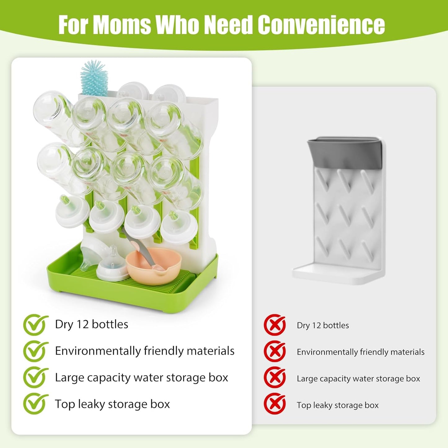 Baby Bottle Drying Rack, Space Saving Baby Bottle Organizer for Countertop, Vertical Bottle Dryer Holder with Brushes Holder, Large Bottle Storage Holder 12 Bottles & Baby Accessories Green