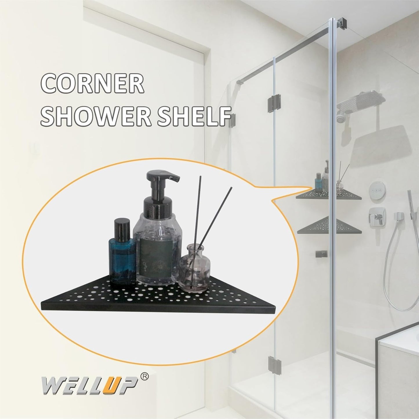 Black 10’’ Corner Shower Shelf 2 Pack, Triangular Shower Corner Shelves 304 Stainless Steel Bathroom Shower Shelf for Tiled Wall, No Drilling Needed Matte Black