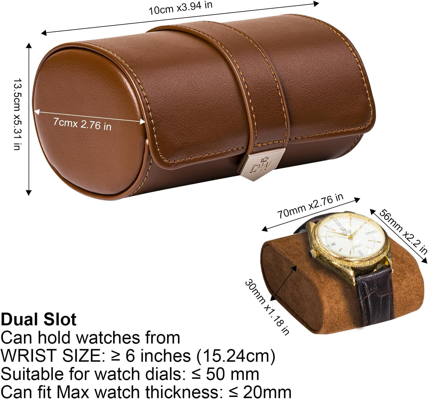 DUKWIN Watch Roll for 2 Watches,Vegan Leather Travel Watch Case Organizer with Removable Pillows for Men and Women,Display Case for Watches Collection and Gift for Anniversary Birthday(Brown Storage)