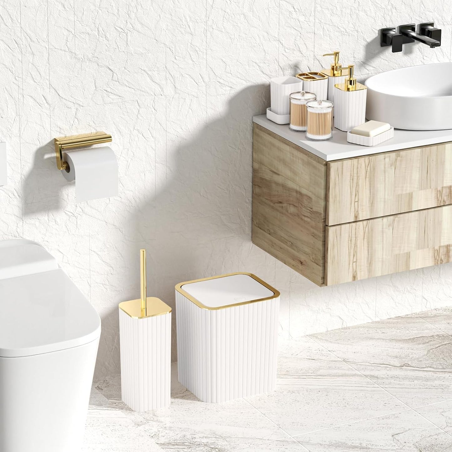 Bathroom Accessories Set - Gorgeous Bathroom Set, 10PC White Bathroom Accessory Set, Toilet Brush, Trash Can, Qtip Holder Dispenser & Soap Dispenser