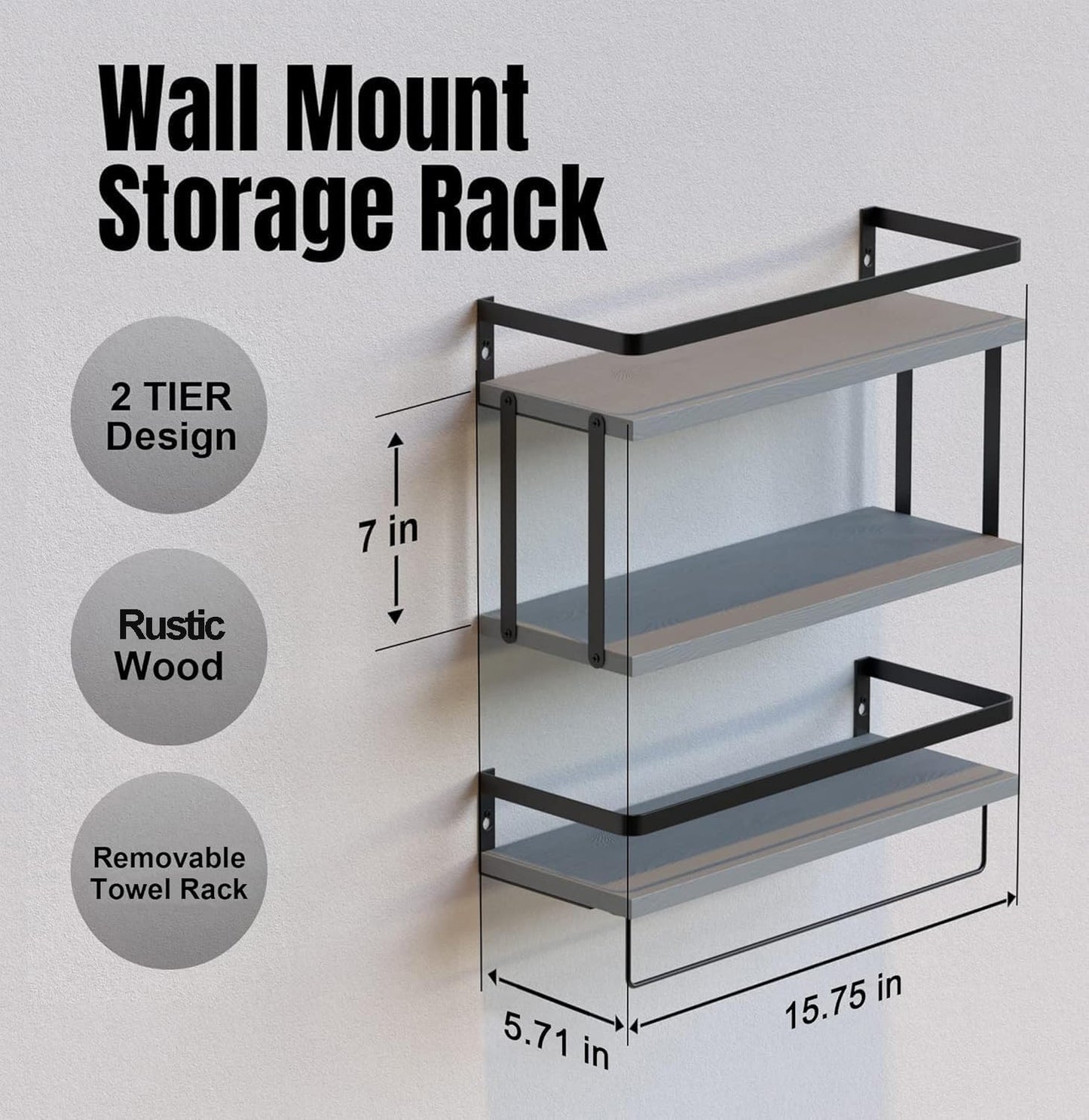RICHER HOUSE 2+1 Tier Wall Mounted Floating Shelves Set of 2, Rustic Wood Wall Shelf with Metal Frame, Extra Storage Rack for Bathroom, Kitchen, Bedroom with Tissue Rack & Towel Bar - White Gold