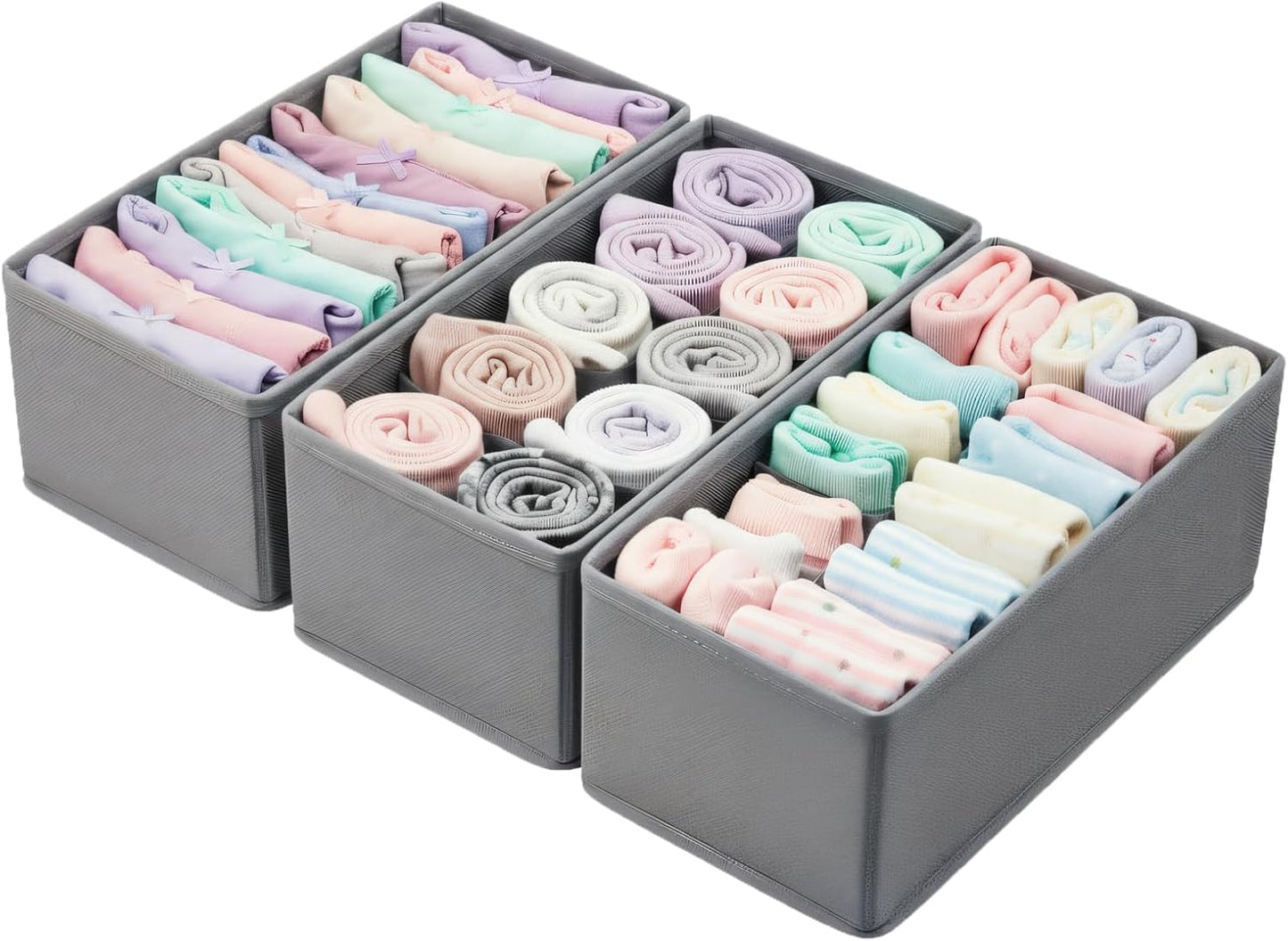 Dresser Drawer Organizer 3-Pack Gray - Small Storage Bins for Socks & Underwear, Foldable Fabric Dividers for Closet