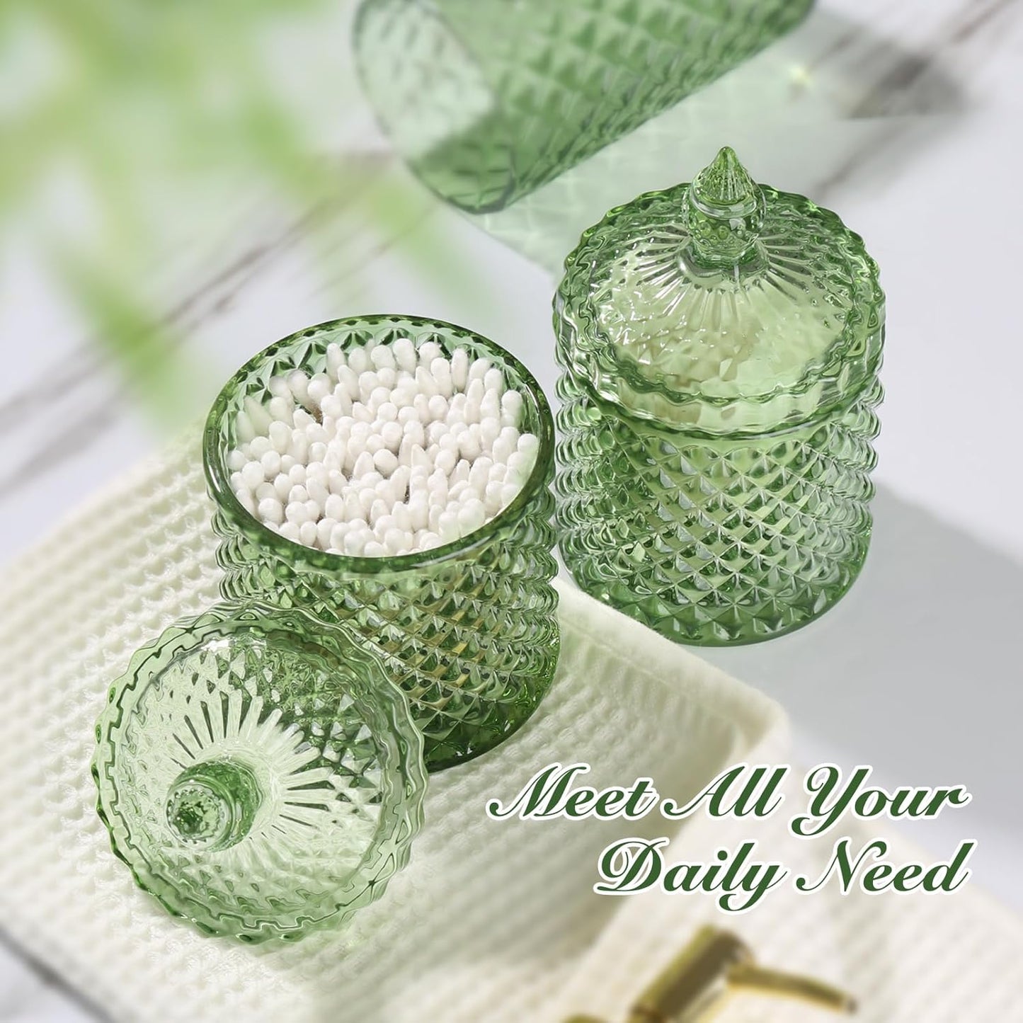 Green Bathroom Accessories Set, 4 Pack Olive Green Bathroom Decor Accessory Sets Complete, Diamond Glass Soap Dispenser and Toothbrush Holder Set for Bath Counter Organizer Essentials