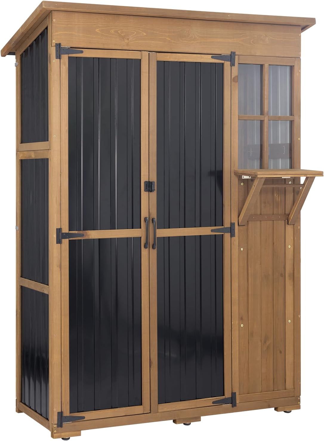 Outdoor Storage Cabinet, Large Wood & Metal Garden Shed with Foldable Table, Weather-Resistant Asphalt Roof, Lockable Doors & Adjustable Feet for Patio, Backyard, or Garage (47"L x 20"W x 70"H)