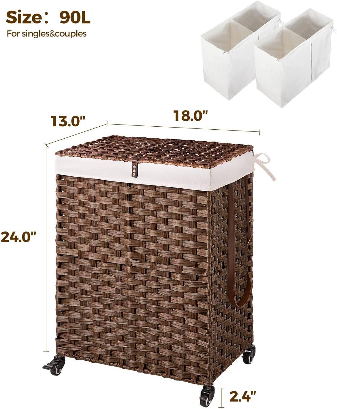 Greenstell Laundry Hamper with Wheels, No Install Needed, 90L Divided Handwoven Hampers & 2 Removable Liner Bags, Synthetic Rattan Clothes Laundry Basket with Lid & Handles, Foldable Hampers Brown