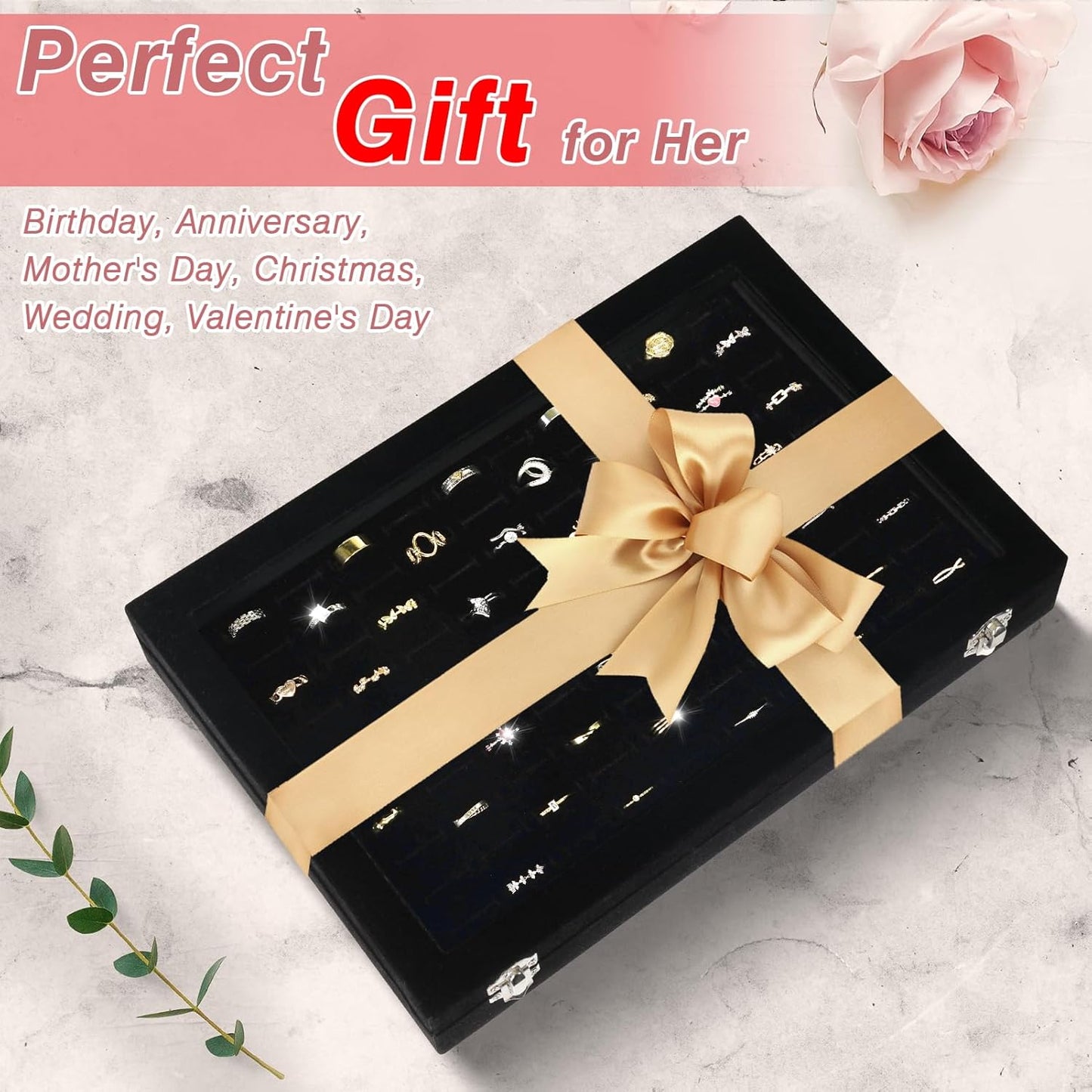 Ring Organizer for Jewelry, Ring Holder Box with Clear Lid, Dustproof Velvet Rings Display Tray Storage Case, 100 Slot Glass Top Jewelry Tray Drawer Insert for Multiple Rings Studs Earring (Black)