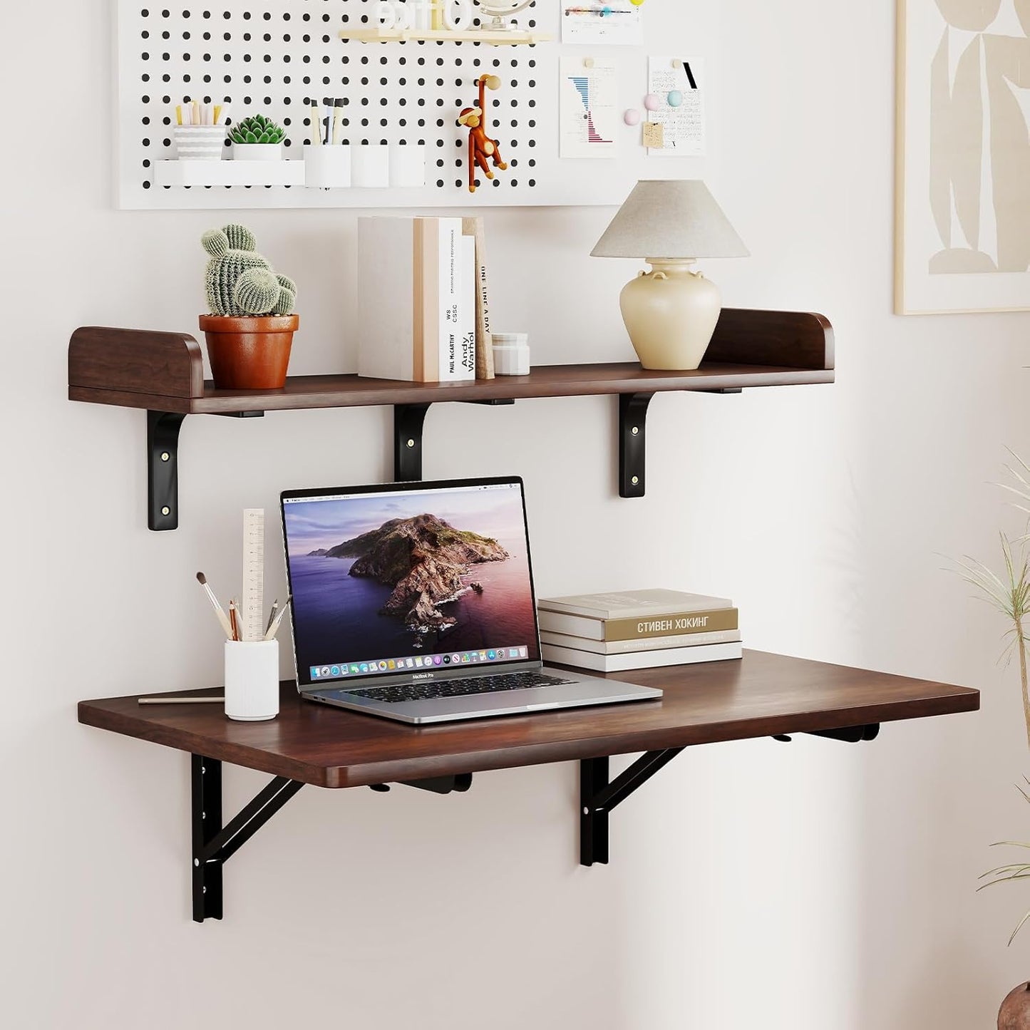 Nisorpa 2 Layers Wall Mounted Folding Table, 32" x 18" Foldable Work Table with Shelf Heavy Duty Fold Down Desk Space Saving Foldable Workbench for Home Office Laundry Kitchen Workshop, Garage