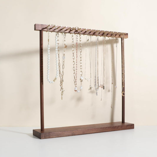 GemeShou Large necklace hanger shelf with 17 copper bars, Wooden jewelry storage organizer rack for hanger necklace bracelet, necklace display stand for boutique store【Walnut】