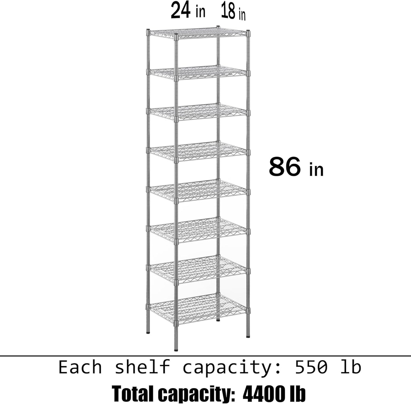 18" Deep x 24" Wide x 86" Height Wire Shelving Kit | 8-Tier | NSF Commercial Storage Rack Unit