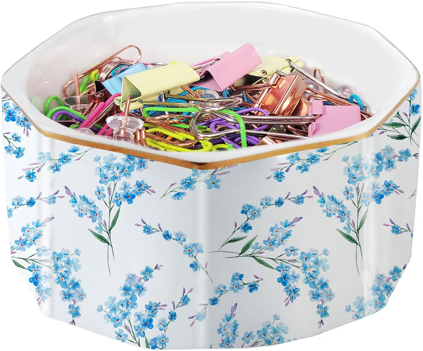 Ceramic Paper Clip Holder Gold Line Paper Clip Dispenser Organizer for Desk Cute Floral Pattern Office Binder Clip Holder Bobby Pin and Hair Clip Holder Gift for Office Blue Flowers
