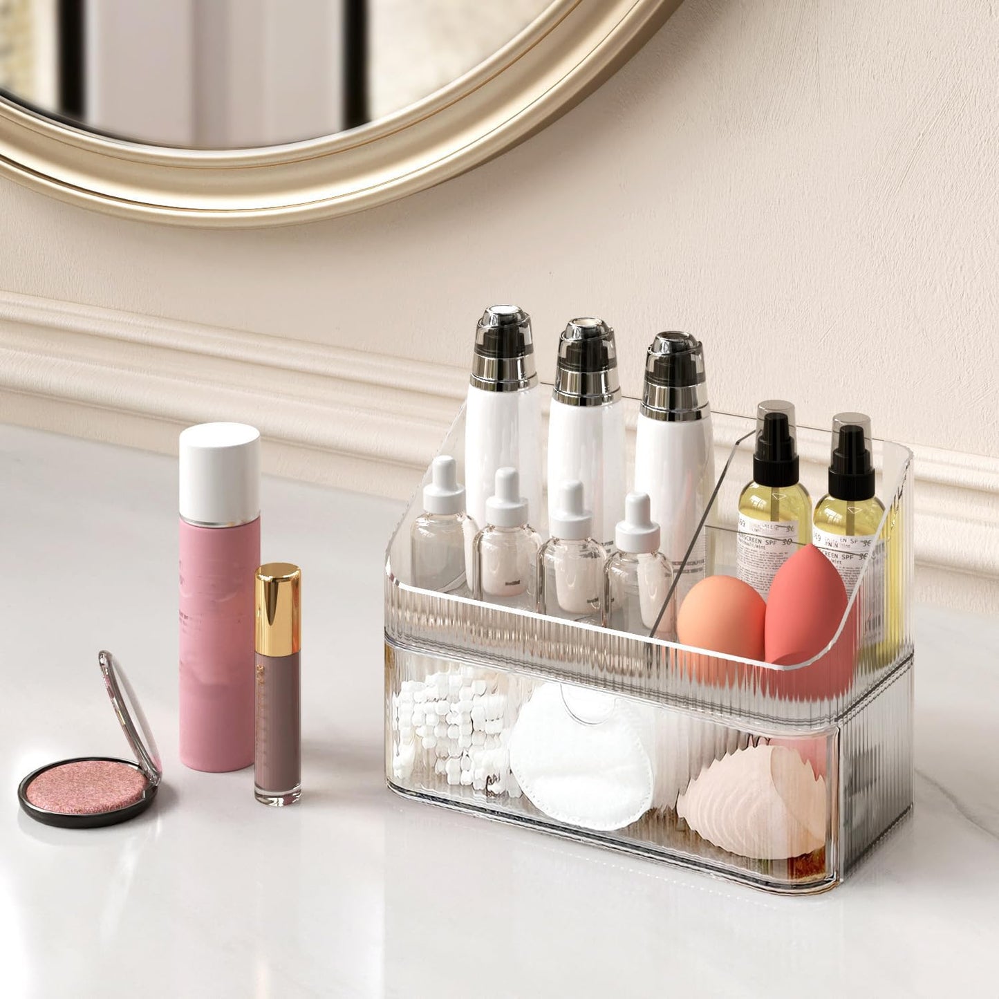 Medicine Cabinet Organizer 2 Tier, Stackable Bathroom Mirror Cabinet Storage，Small Makeup Organizers with 1 Drawer and 1 Tray for Wall Cabinet， Closet， Vanity, Countertop, Clear