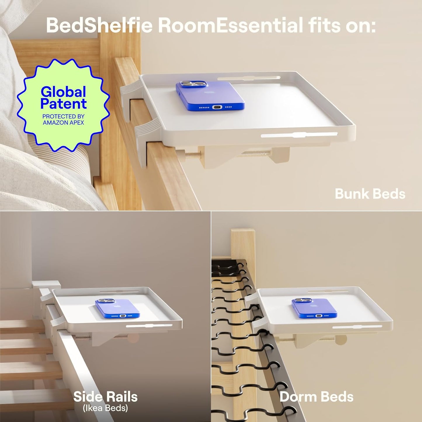 BedShelfie Bedside Shelf for Dorm Room Bunk Bed & Top Bunk, College Dorm Room Essentials, Bedside Caddy, Clip on Floating Tray, Bed Side Table Storage, Loft Nightstand Decor - Dorm Essential, White