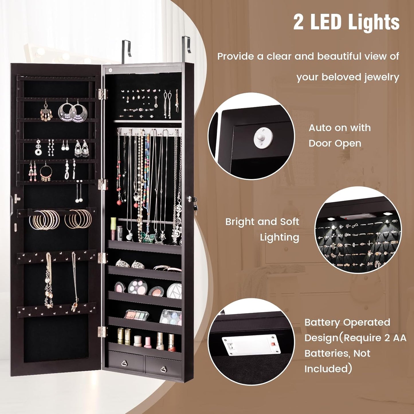 HAPPYGRILL Over the Door Jewelry Organizer, Hanging Jewelry Storage Cabinet w/Full-Length, Inner Makeup Mirror, Earring Shelves, Ring Slots, 25 Necklace Hooks, Wall Mounted Jewelry Armoire for Women