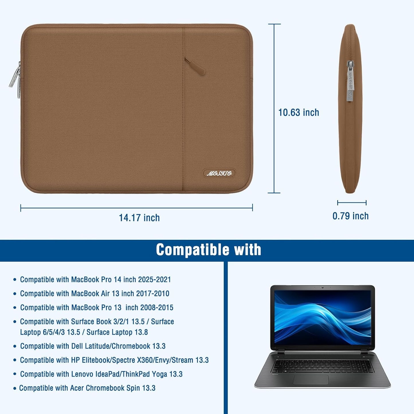 MOSISO Laptop Case 13.3 inch, 13-13.3 inch Laptop Sleeve Compatible with MacBook Air/Pro 13/Pro 14 M5 M4 M3 M2 M1, HP Dell ASUS Lenovo,Polyester Vertical Computer Sleeve Bag with Pocket, Mocha