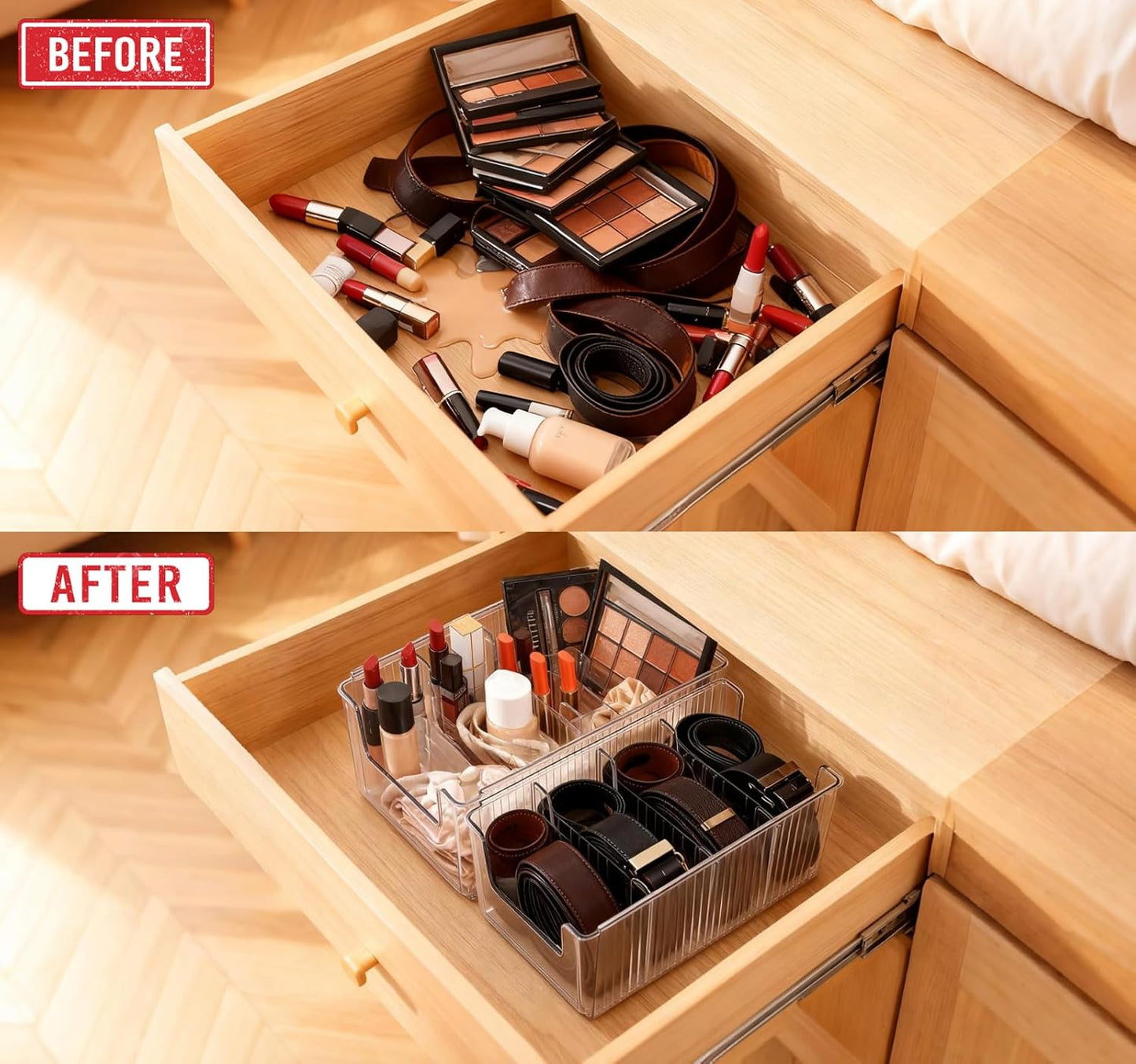 Belt Storage,2-Piece Set with Transparent Belt Rack and Adjustable Divider for Storing Underwear,Socks,tie Drawers and wardrobes