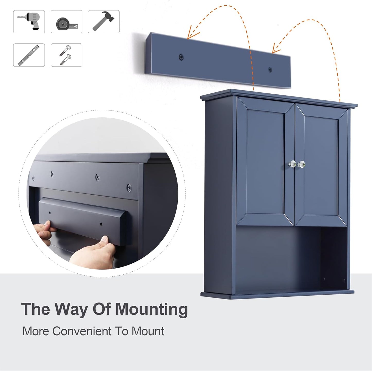 Bathroom Wall Cabinet Navy Blue Over Toilet Storage Cabinets 24x30 in Above Toilet Wood Medicine Cabinets Wall Mounted Bathroom Cabinet with 2 Door & Adjustable Shelf