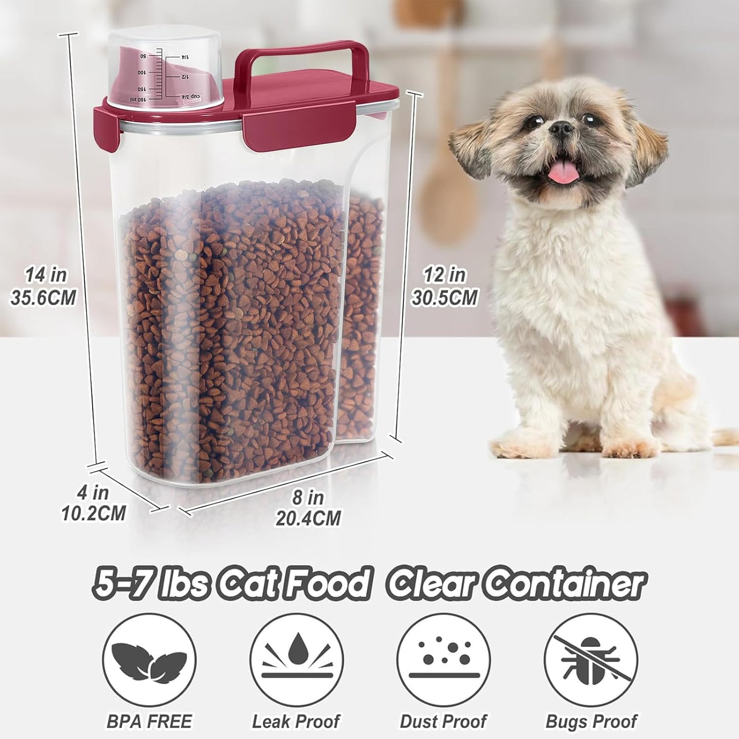 5-7Lbs Dog Cat Food Storage Container with Upgraded Large Nozzle BPA-free, 4 Snap Seals Plastic Pet Food Storage Containers with Handles (Elegant Red, 5L-1pack)
