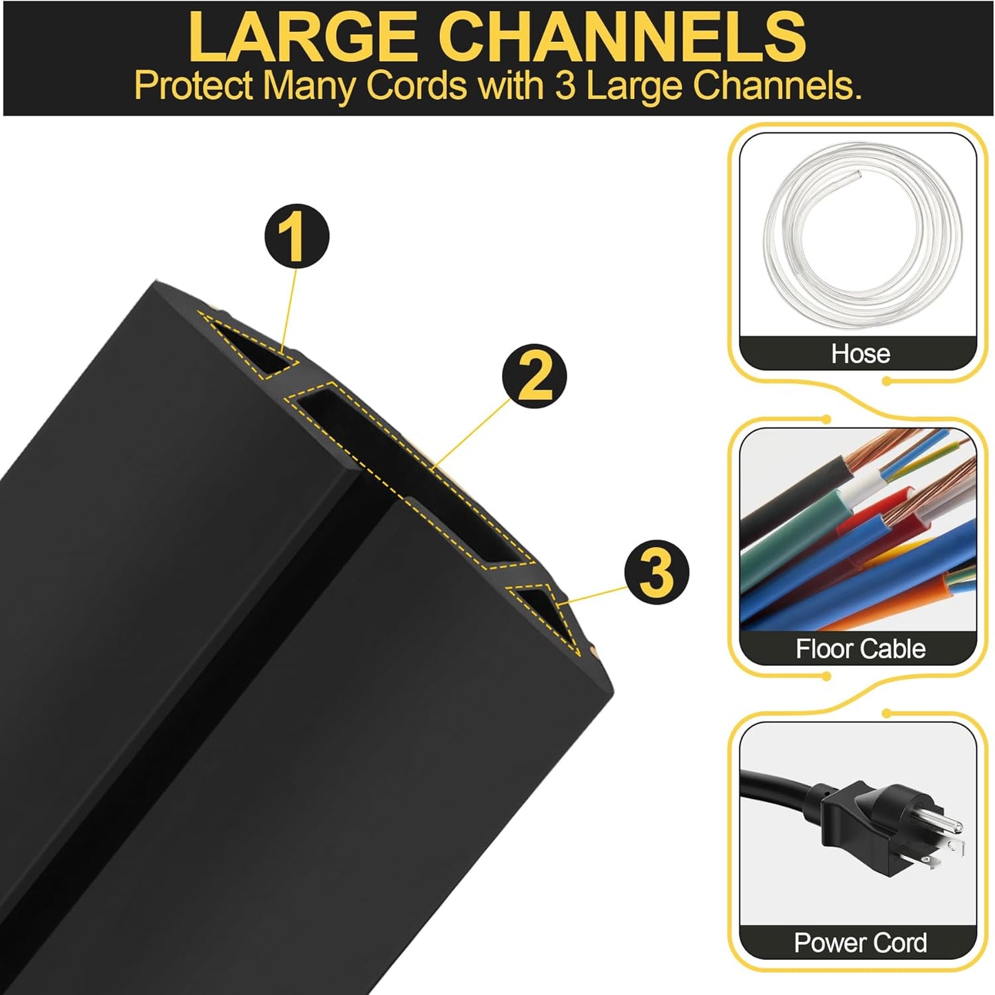 MYFAMIREA 6.5FT Floor Cord Cover Heavy Duty Cable Cover Protector with 3 Channels Extension PVC Floor Wire Cover Outdoor Cord Hider Management Cord Cover for Wire on Floor for Home Office Outdoor