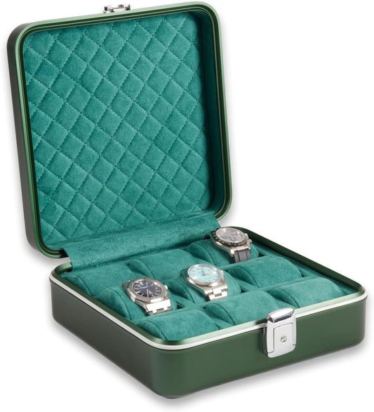 Bey-Berk Personalized Prague Aluminum 9-Slot Watch Case (Hunter Green), Locking Travel Metal Watch Box with Quilted Interior, 9.75" x 3" x 10.25"