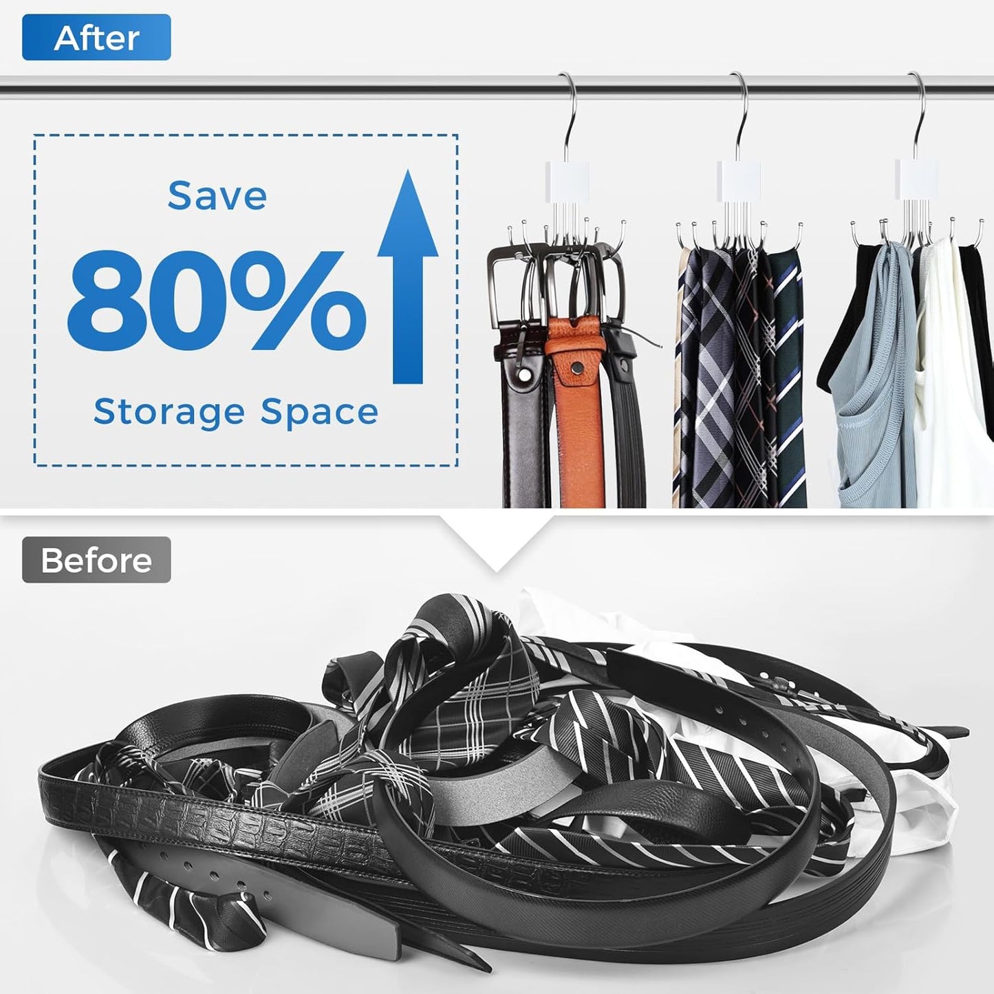 Tie Rack Hanger, Belt Hanger Organizer for Closet 360° Rotatable Max 24 Ties/24 Belts Storage Space Saving Closet Organizers and Storage for Belt, Bra, Tank Top, Tie, Scarf, Purse 2Pcs White