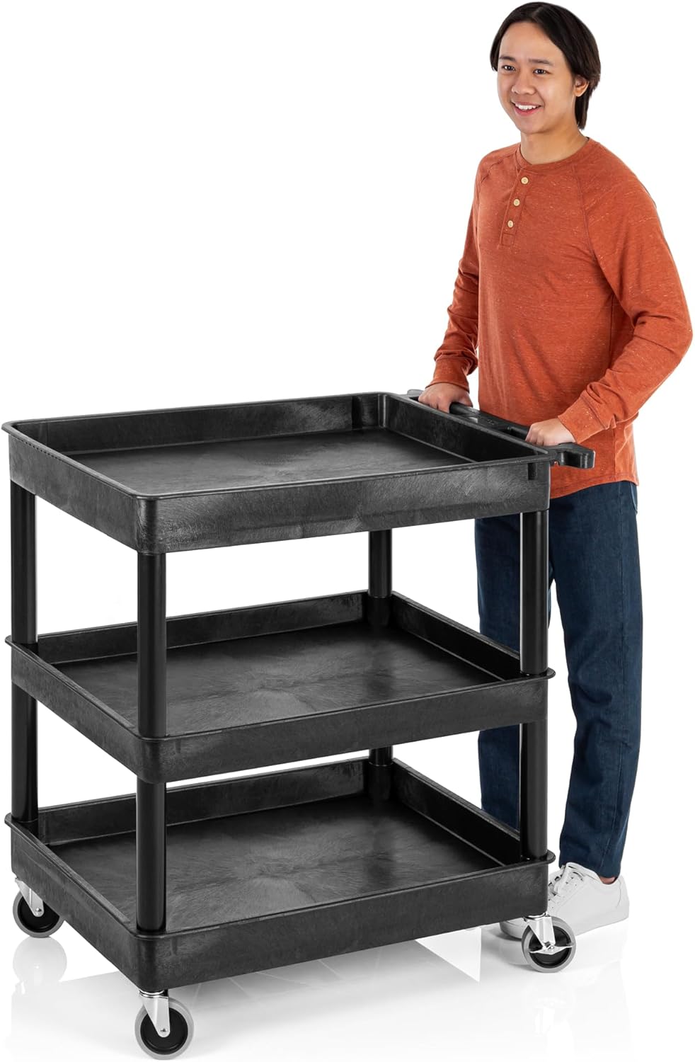 Stand Steady Tubstr Large 3 Shelf Utility Cart | Heavy Duty, Black HDPE & PVC, Holds Up to 300 lbs. | Storage & Rolling Tool Cart for School, Office, Garage & Warehouse