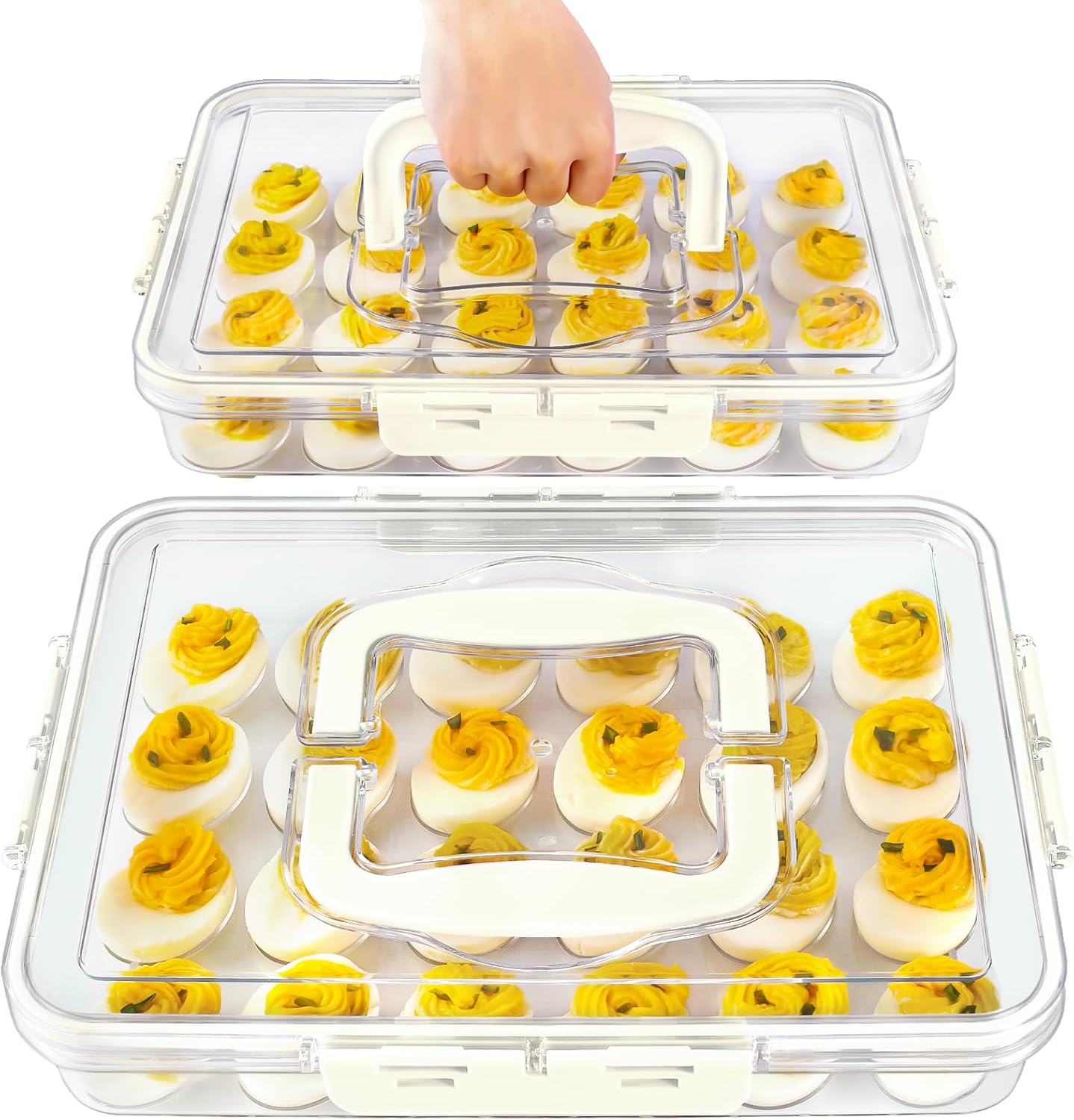2 Pack Deviled Egg Containers with Lid and Handle, Durable Clear Plastic Deviled Egg Carrier Storage 48 Eggs, Stackable Egg Holder for Fridge, Portable Tray Platter for Party & Picnics-White