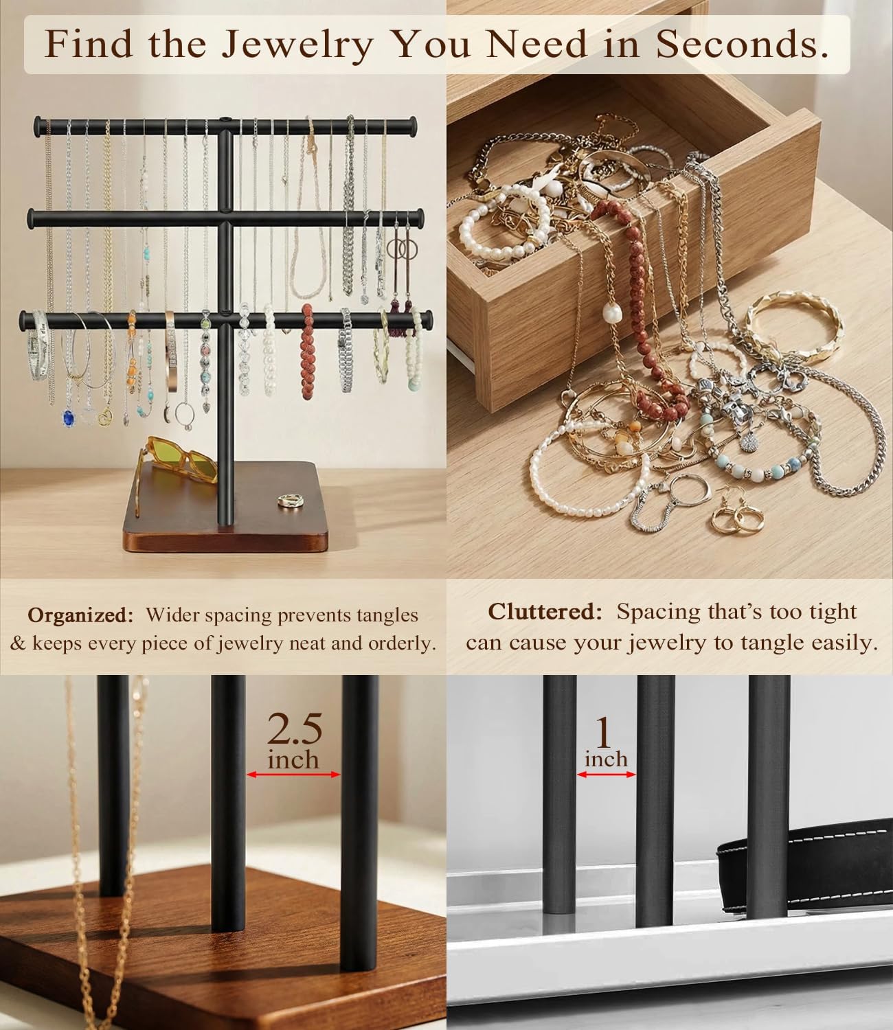 3 Tier Jewelry Holder Organizer, Bracelet Holder Display, Detachable T Bar Wood Jewelry Organizer, Jewelry Display Stand, Necklace Bracelet Holder for Earring, Watches, Rings, 2025 New - Brown