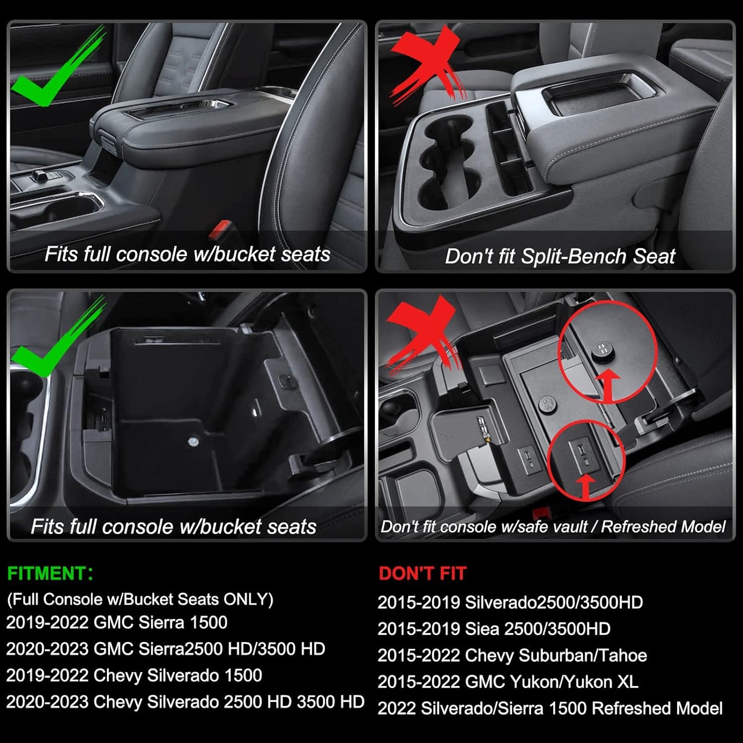 Center Console Organizer Compatible with 2019-2022 GMC Sierra/Chevy Silverado 1500 and 2020 2021-2023 Sierra/Silverado 2500HD/3500HD Accessories, Armrest Tray (Full Console w/Bucket Seats ONLY)