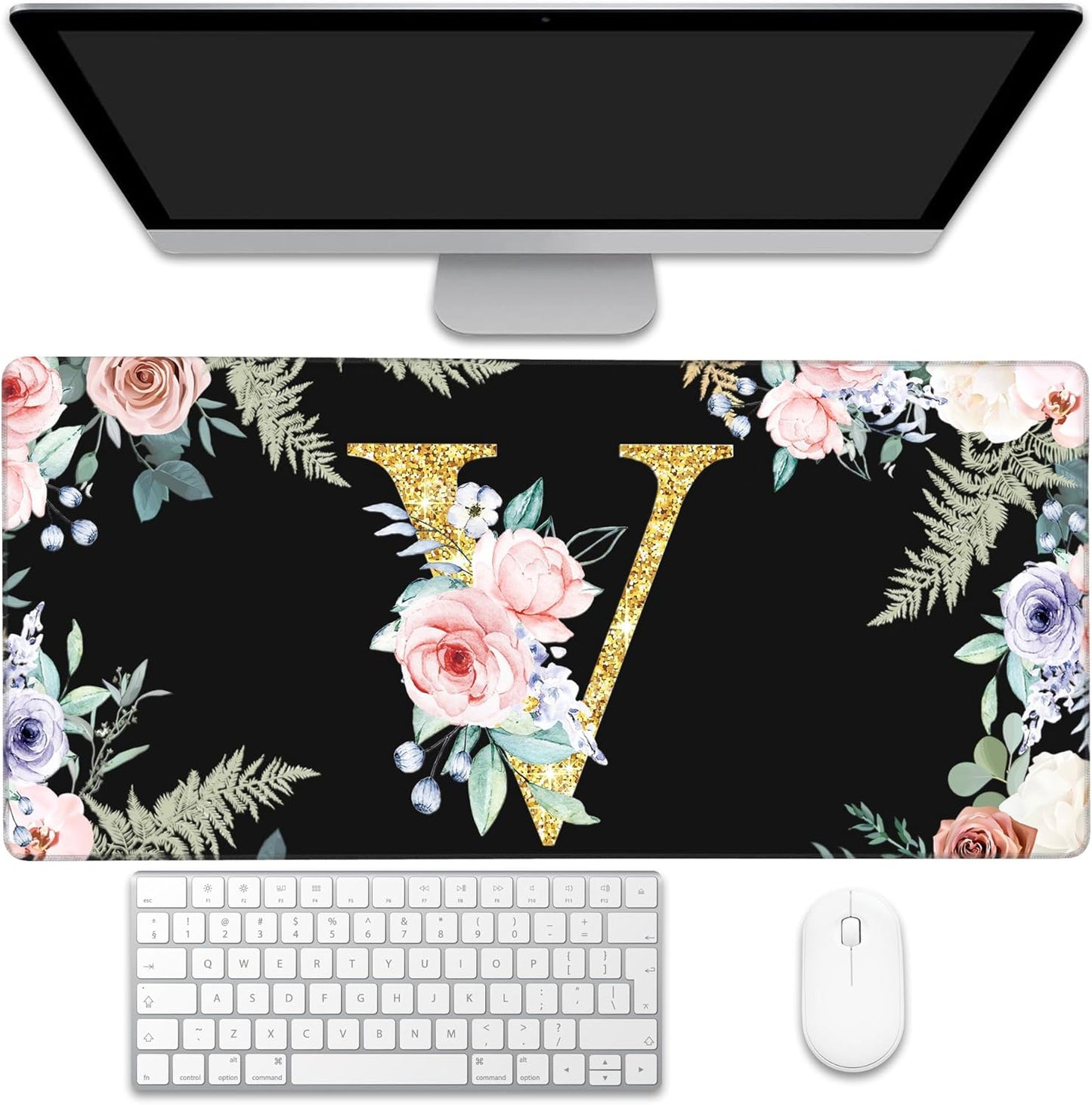 Large Gaming Mouse Pad for Desk, Flower Golden Letters V Desk Mat, 35.4"x15.7" Big Mouse Pad with Non-Slip Base and Stitched Edge, Long Computer Keyboard Mouse Mat for Home Office Work